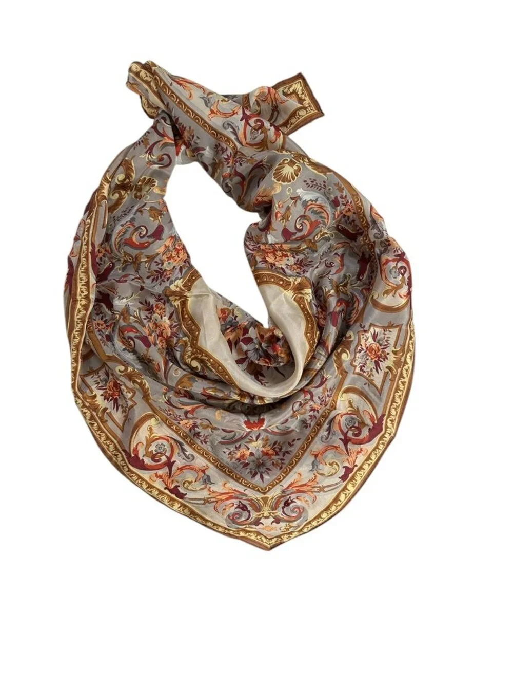 Oscar de la Renta gold burgundy floral Silk vintage Spring hand sewn scarf 31 sq